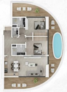 Floor Plan 2 Bedroom and Pool