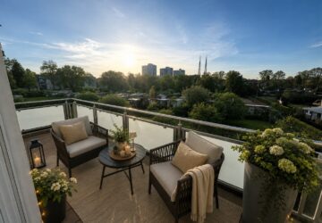 großer Balkon mit Gartenblick