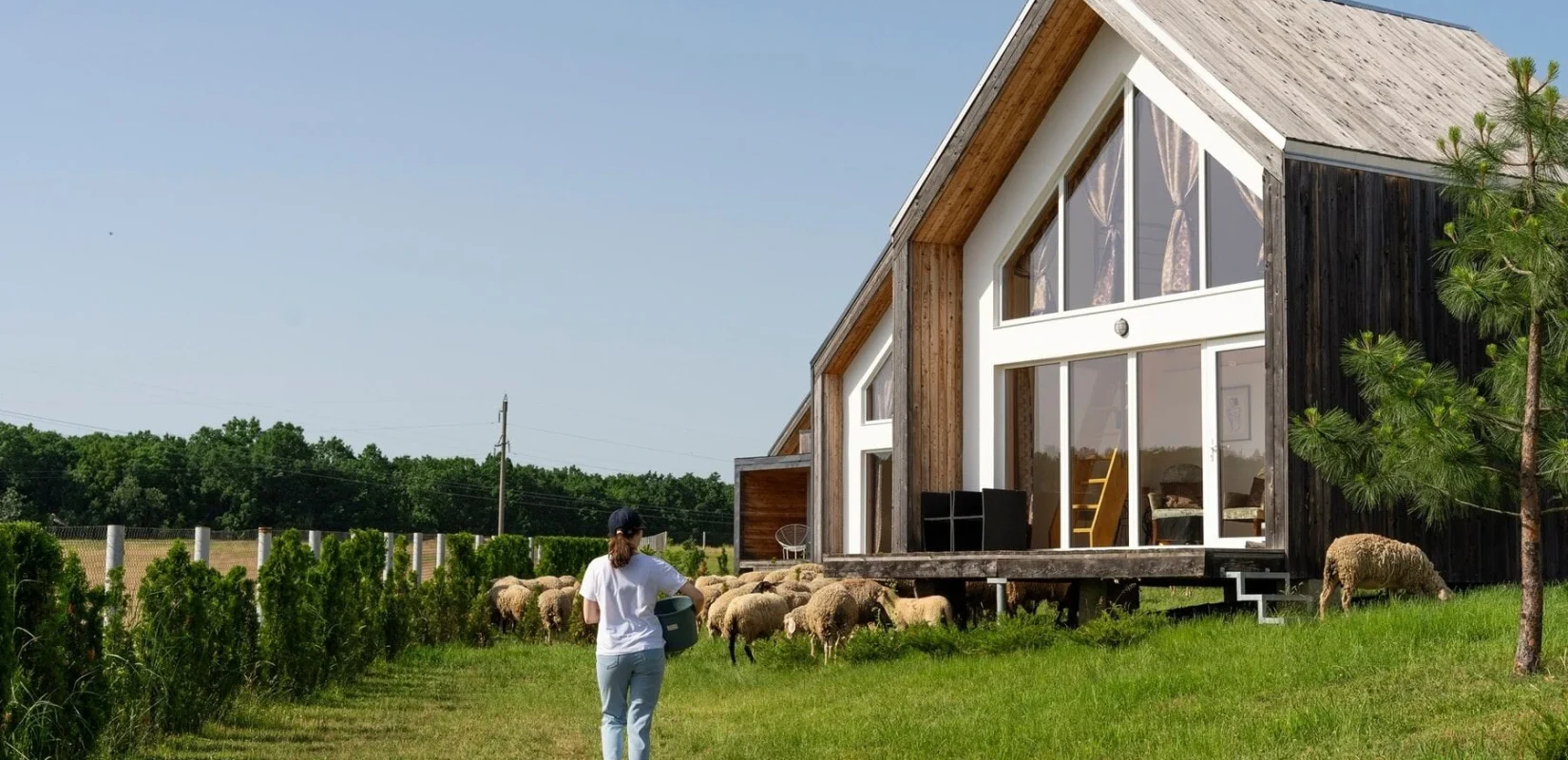 A Man Walking In Front Of A House With Sheep