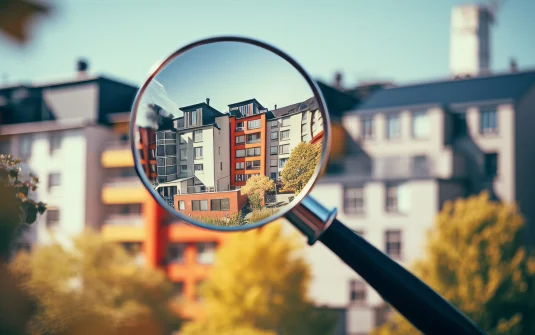 A Magnifying Glass With Buildings In The Background