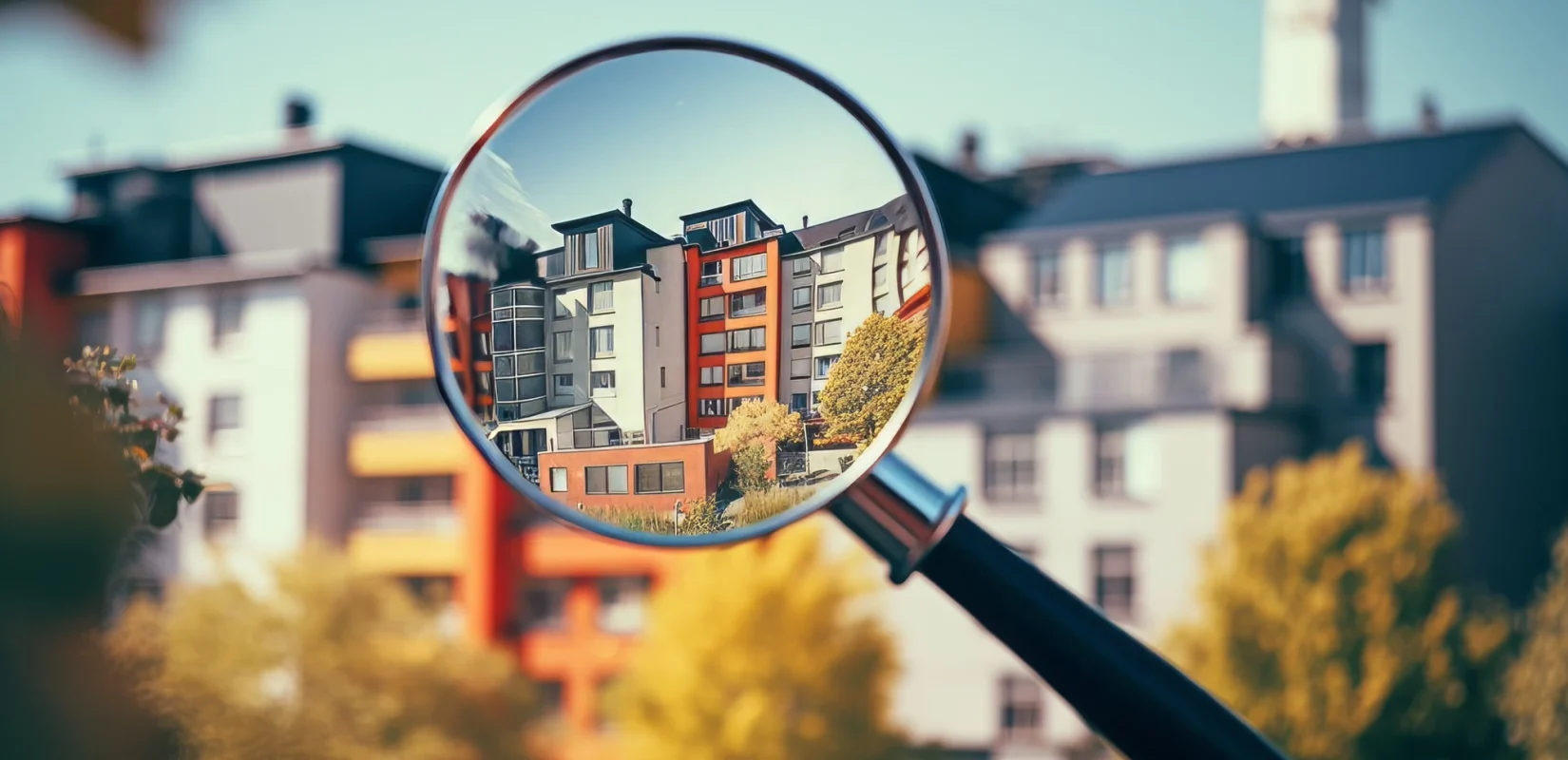 A Magnifying Glass With Buildings In The Background