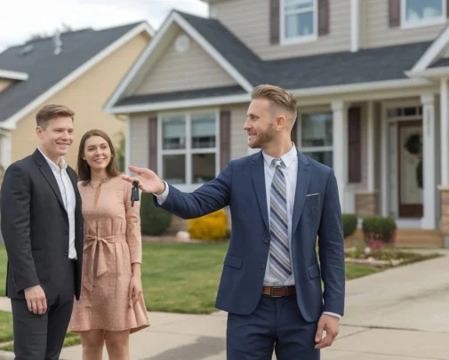 A Man Holding A Key To A Woman In Front Of A House