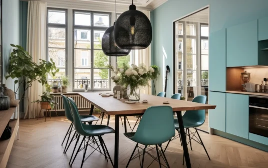 A Dining Table With Chairs And A Vase Of Flowers