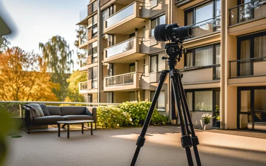 A Camera On A Tripod In Front Of A Building