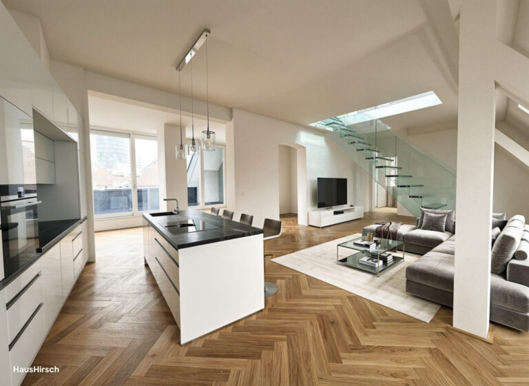 Visualisierung Wohnbereich und Küche eingerichtet